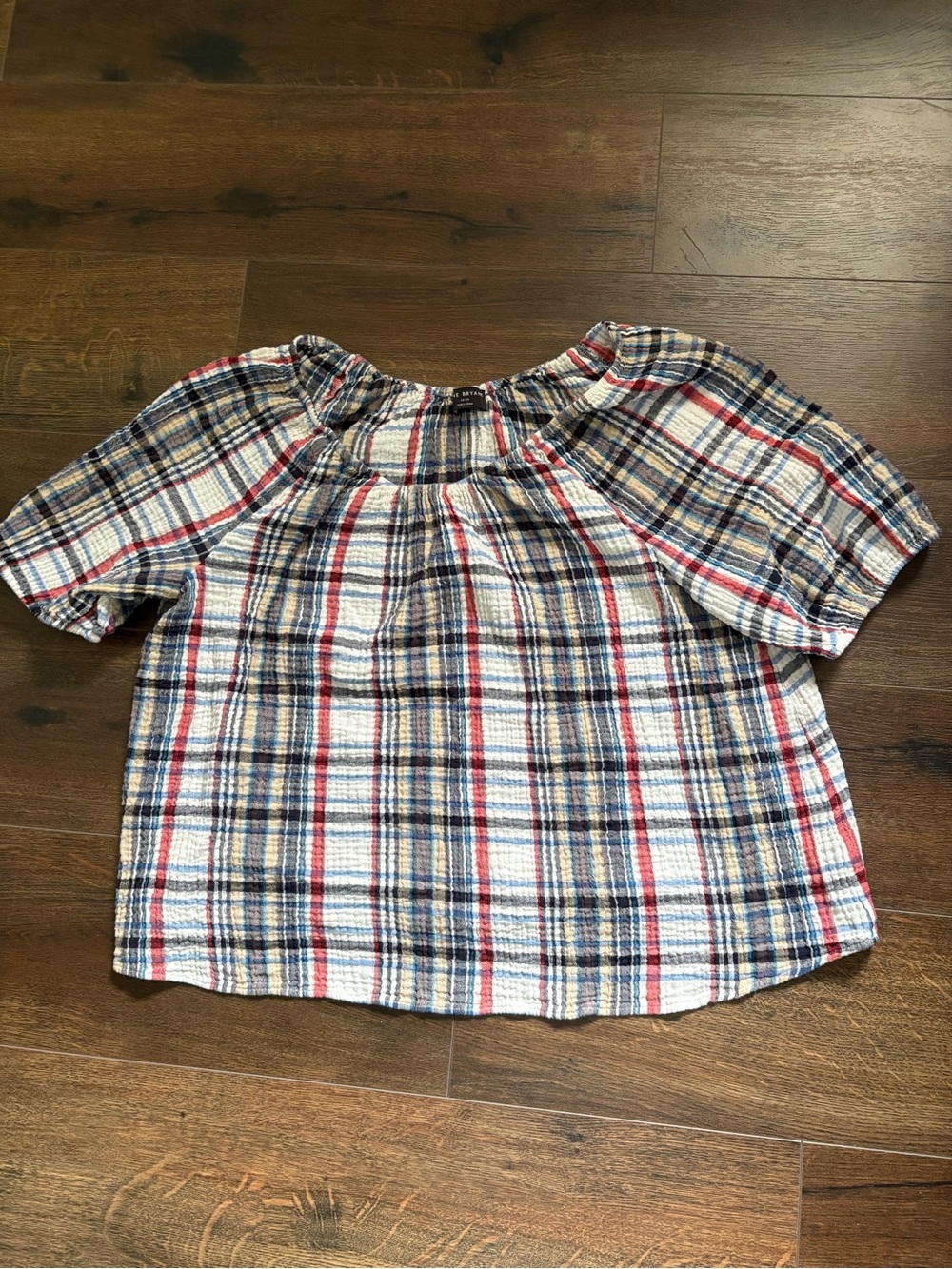EUCLane Bryant Red, Navy & Cream Plaid Short-Sleeve 100% Cotton Crinkle Fabric.